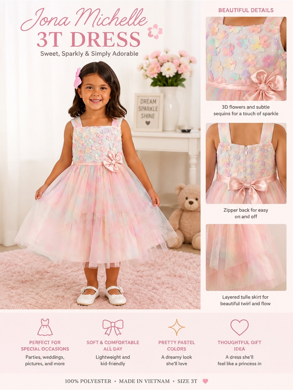 Jona Michelle Pink Multi Pastel Floral Tulle Dress